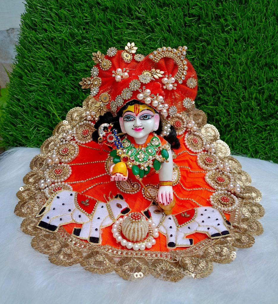 Orange Laddu Gopal Dress with Cow Design