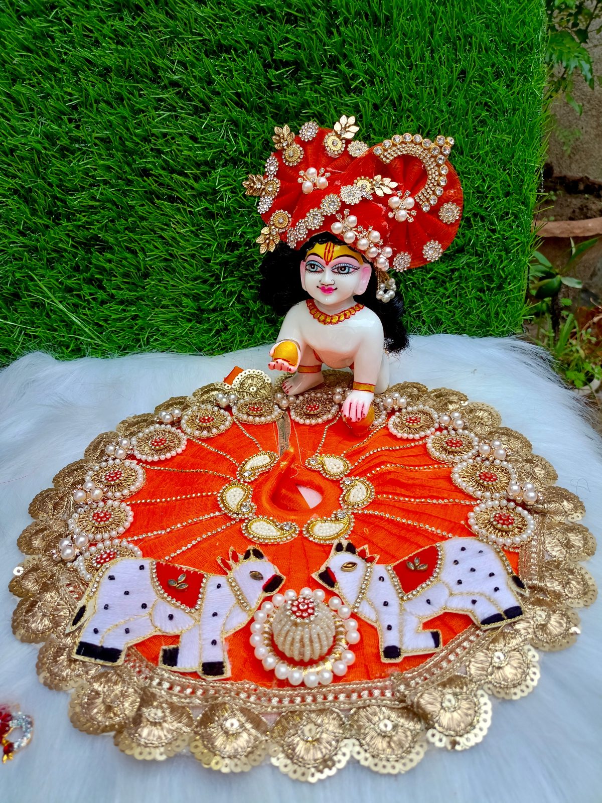 Orange Laddu Gopal Dress with Cow Design